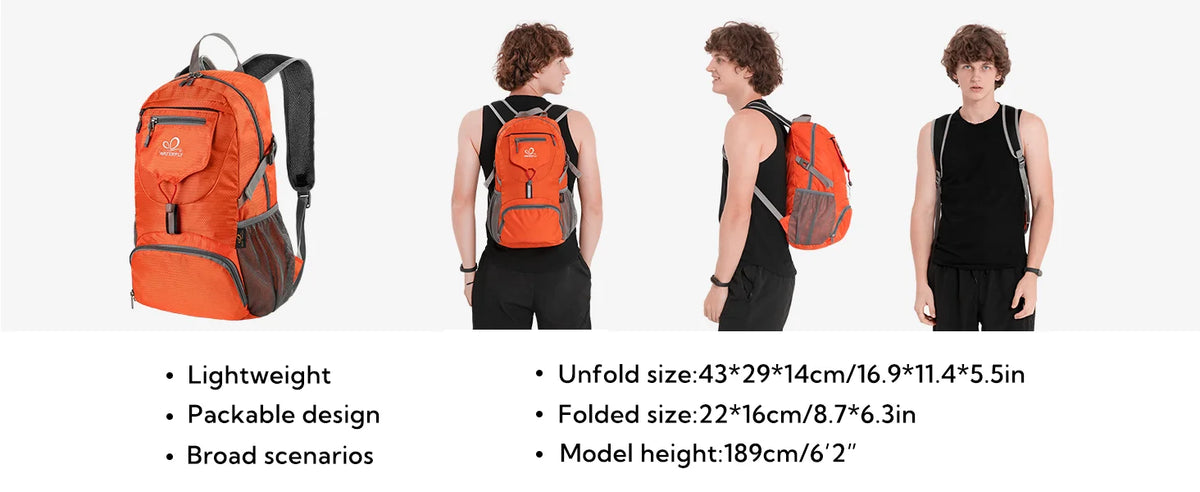 An orange foldable travel backpack shown in various configurations and with a model.
