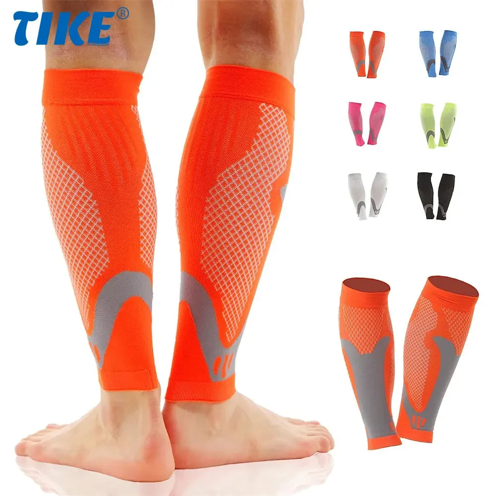 Orange calf compression sleeves for sports and daily wear shown on a leg with various colors available