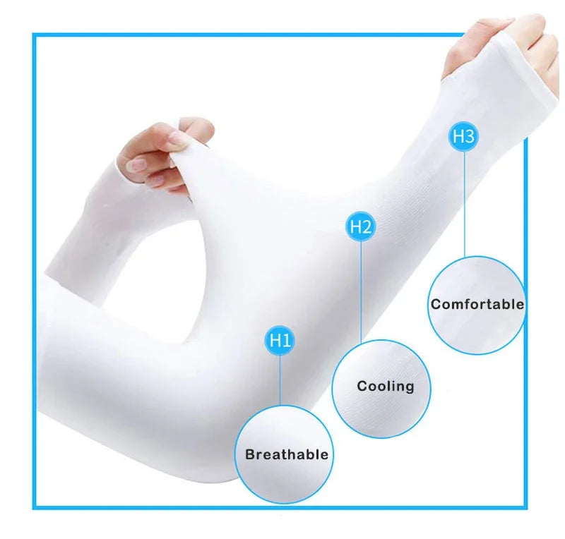 White UV protection arm sleeves shown on an arm, highlighting features like comfort, cooling, breathability, and warmth.