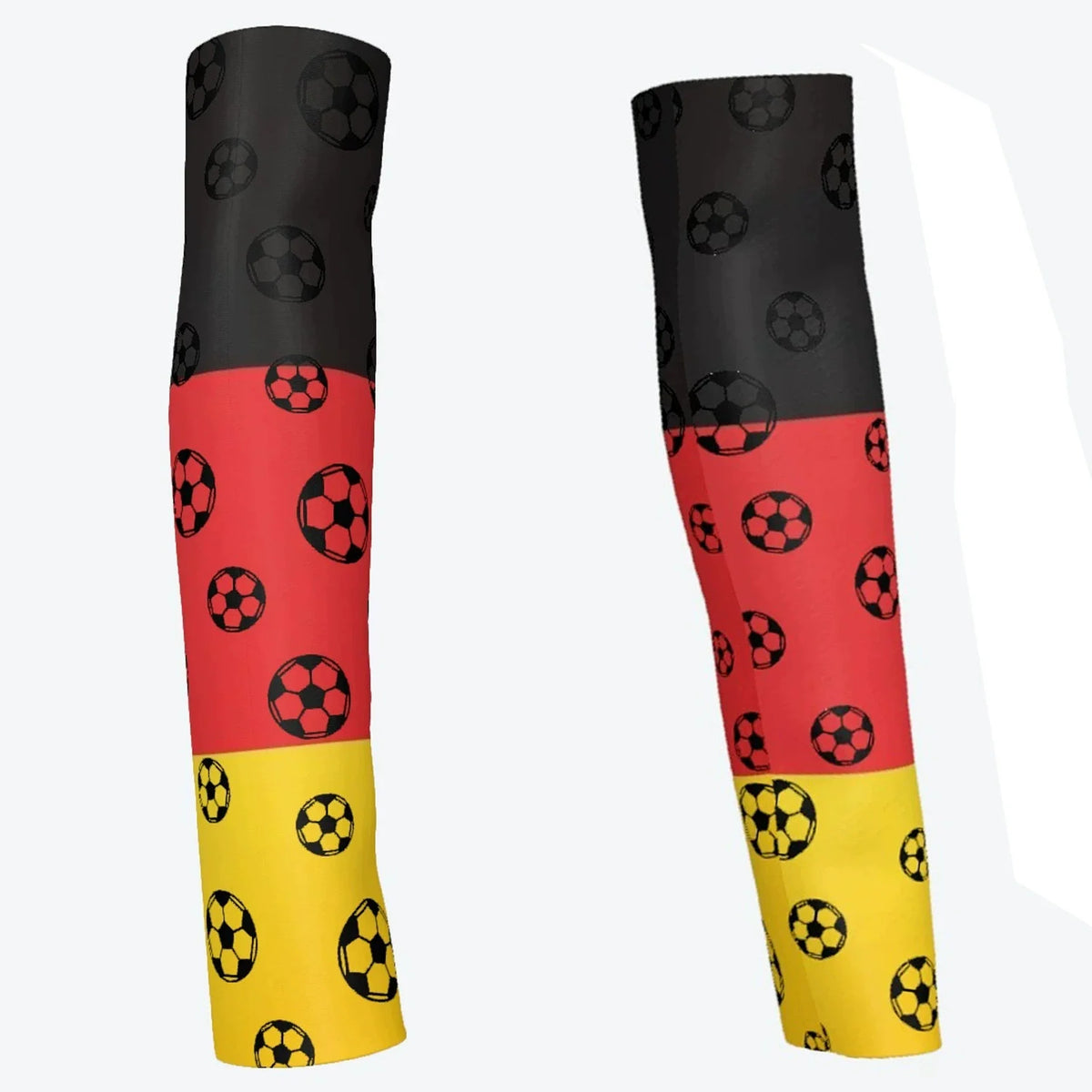 Arm sleeves featuring a vertical design of black, red, and yellow stripes with soccer ball patterns.
