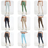 A collection of high-waist yoga leggings in various solid colors including sky gray, green, ivory, black, brown, khaki, light