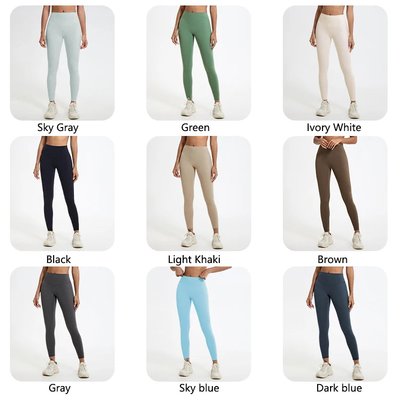 A collection of high-waist yoga leggings in various solid colors including sky gray, green, ivory, black, brown, khaki, light