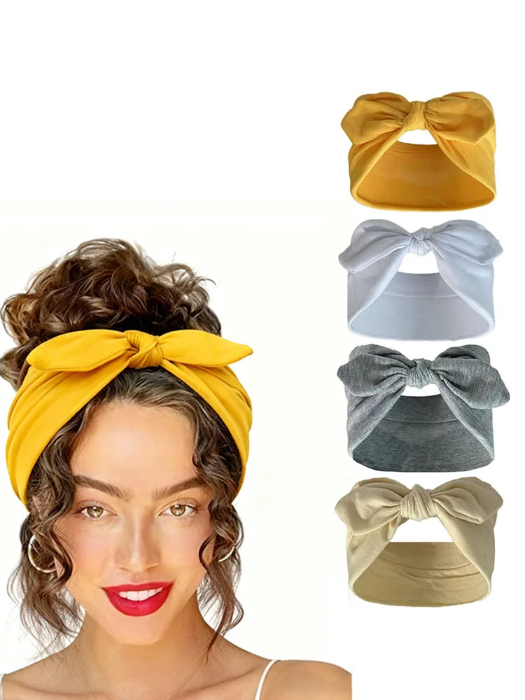 Une femme portant un bandeau élastique jaune, avec diverses options de couleurs unies affichées à côté.