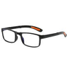 Black folding reading glasses with orange accents shown against a white background.