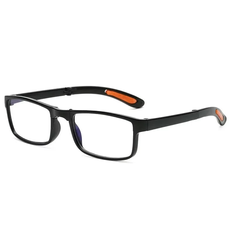 Black folding reading glasses with orange accents shown against a white background.