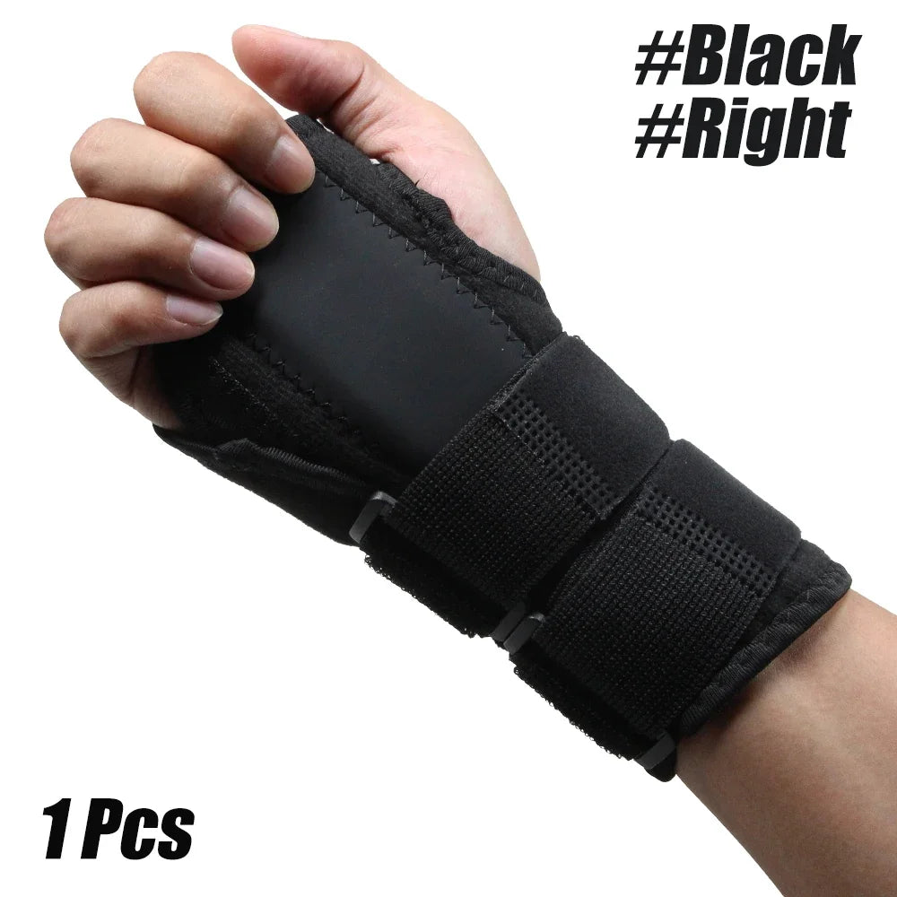A hand is holding a black wrist support splint designed for arthritis and sprain prevention.