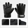 Black breathable fingerless sports gloves with wrist support shown from the palm and back view.