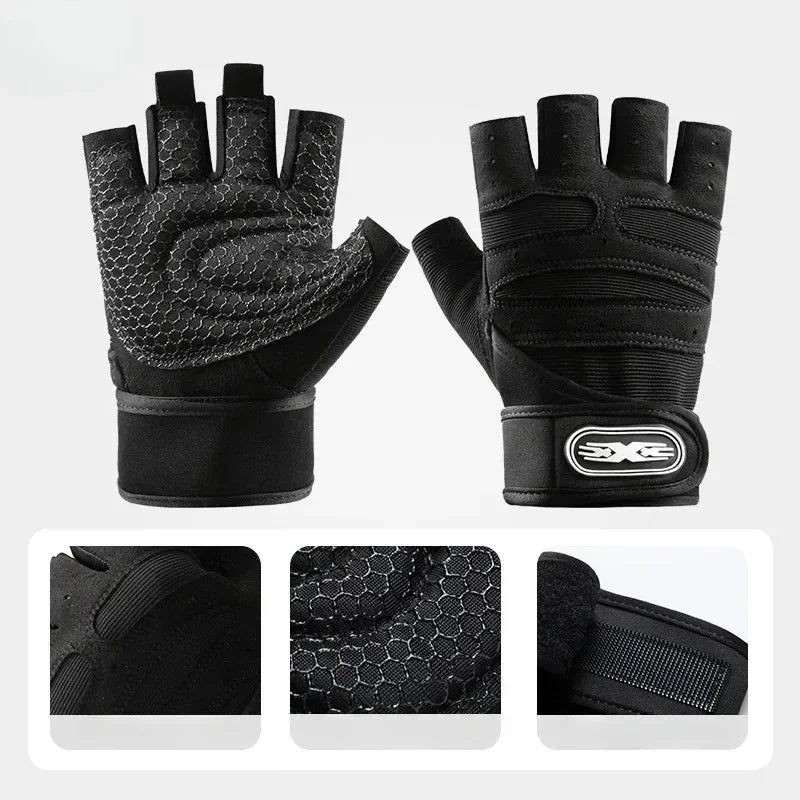 Black breathable fingerless sports gloves with wrist support shown from the palm and back view.