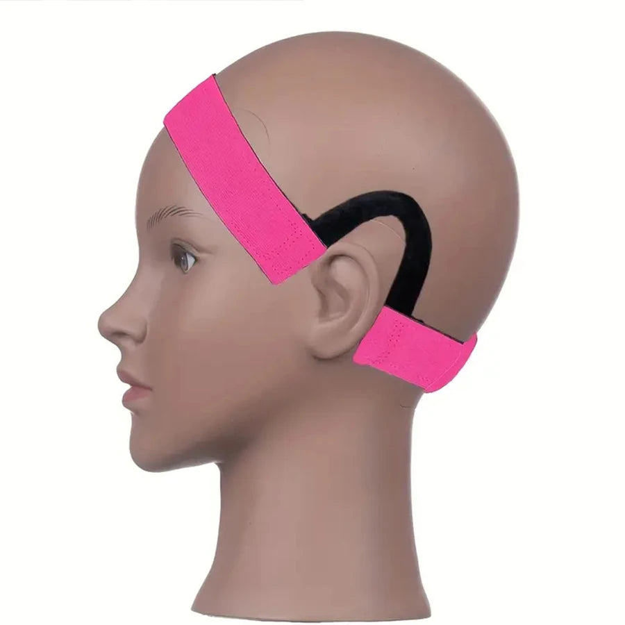 A mannequin head displaying an adjustable lace wig band in bright pink and black for hair edges.