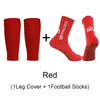 A set of red football socks and knee covers for sports, including one leg cover and one pair of football socks.