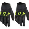 A pair of black heavy duty full finger off-road motorcycle gloves with neon yellow text on the back