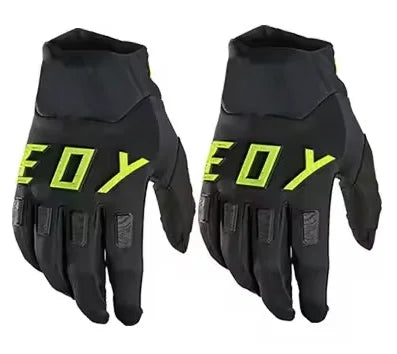 A pair of black heavy duty full finger off-road motorcycle gloves with neon yellow text on the back
