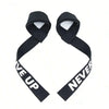 Black adjustable weightlifting wrist straps with a never give up design