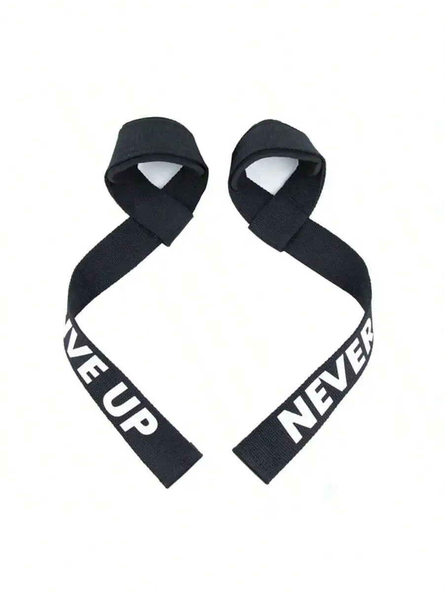Black adjustable weightlifting wrist straps with a never give up design