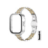 Stainless steel watch band for a fitness tracker, featuring a woven metal design.
