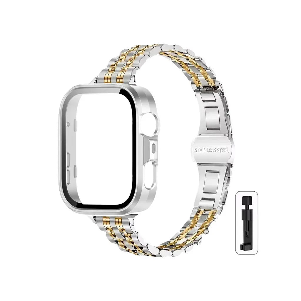 Stainless steel watch band for a fitness tracker, featuring a woven metal design.