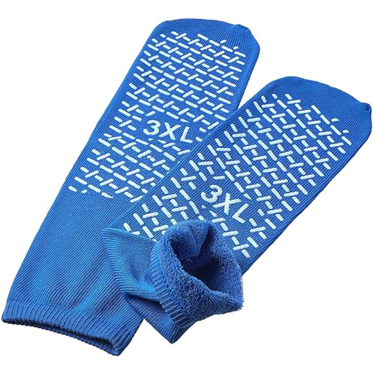 Calcetines hospital azules extra anchos antideslizantes con agarre estampado blanco