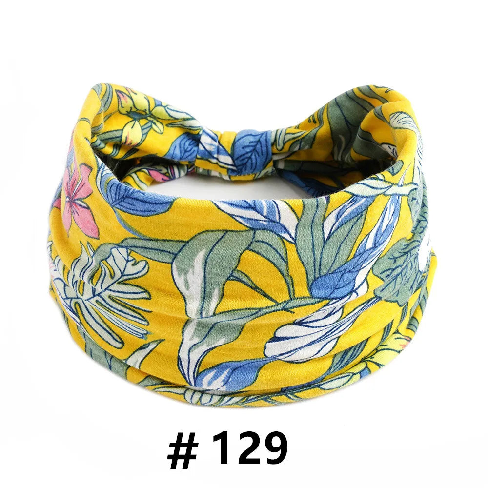 Bandeau en coton extensible à imprimé floral jaune et bleu, style bohème, pour yoga et sport