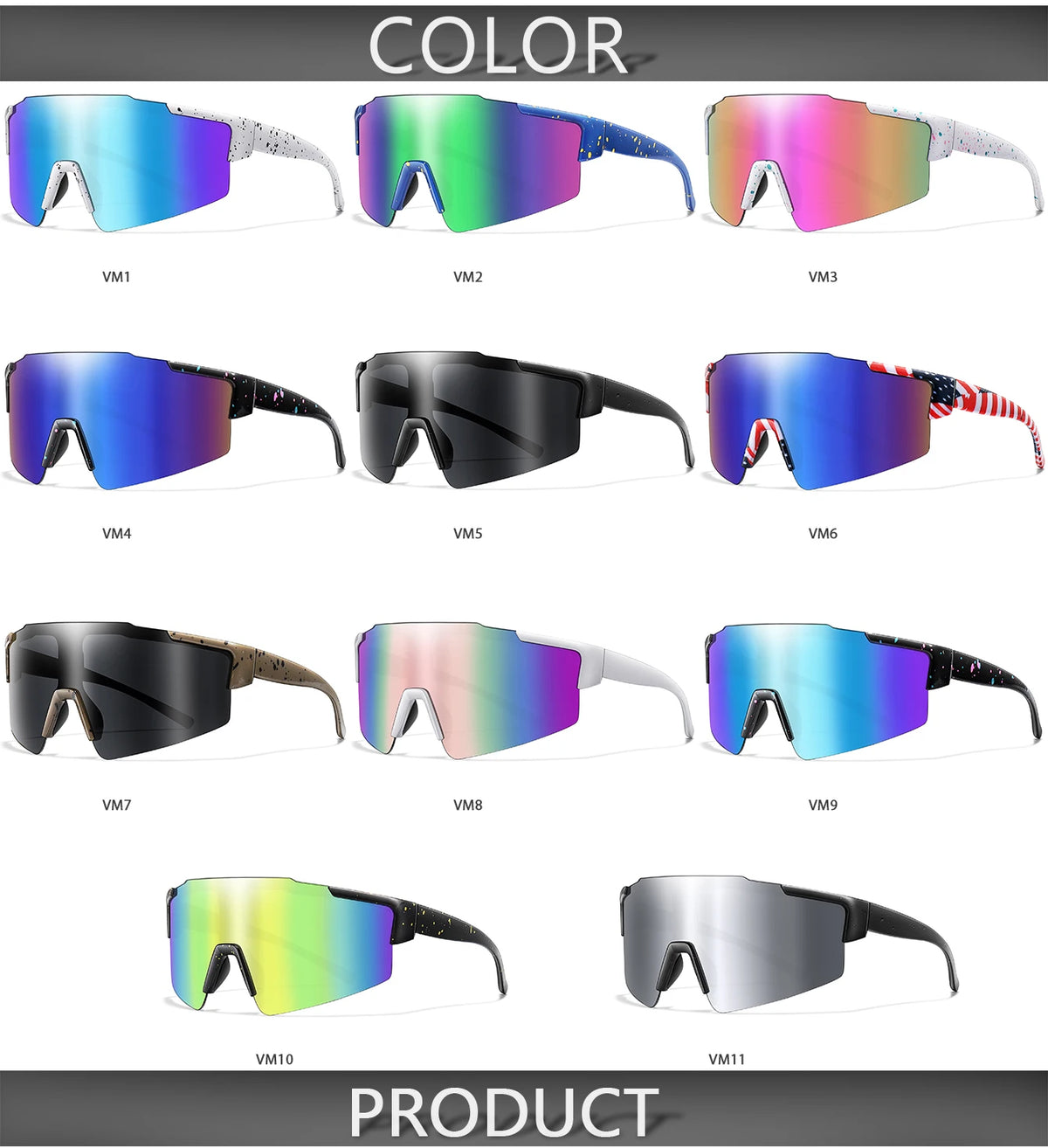 A collection of various colored cycling sunglasses models showing different lens tints and frames.