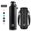 A black 1000ml stainless steel insulated thermos bottle and a matching black carrying sleeve.
