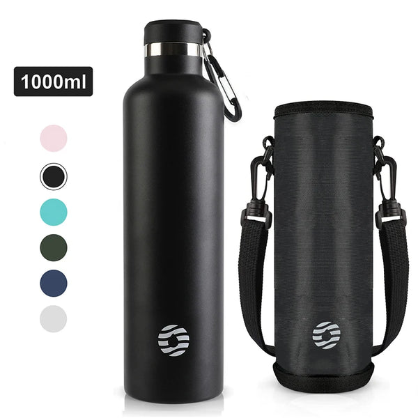 A black 1000ml stainless steel insulated thermos bottle and a matching black carrying sleeve.