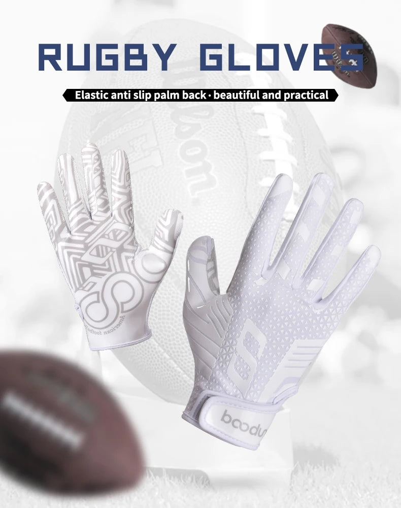 A pair of white rugby gloves with black accents are shown next to a rugby ball.