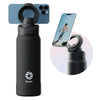 A black insulated sports water bottle with a magnetic lid shown next to an iPhone.