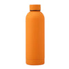 An orange insulated stainless steel thermos cup with a black lid.
