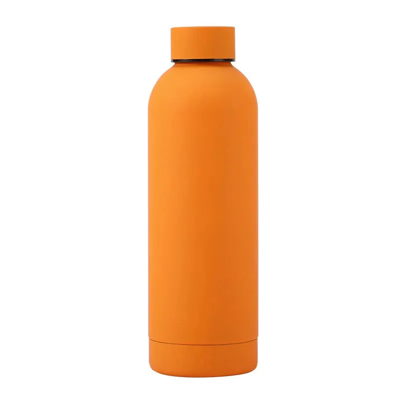 An orange insulated stainless steel thermos cup with a black lid.