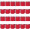 A row of red, cylindrical self-adhesive sports bandages.