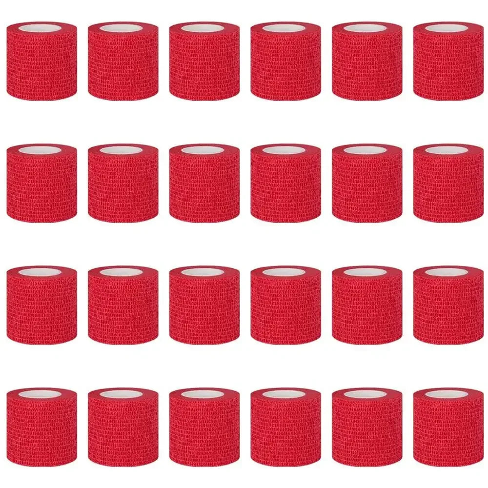 A row of red, cylindrical self-adhesive sports bandages.