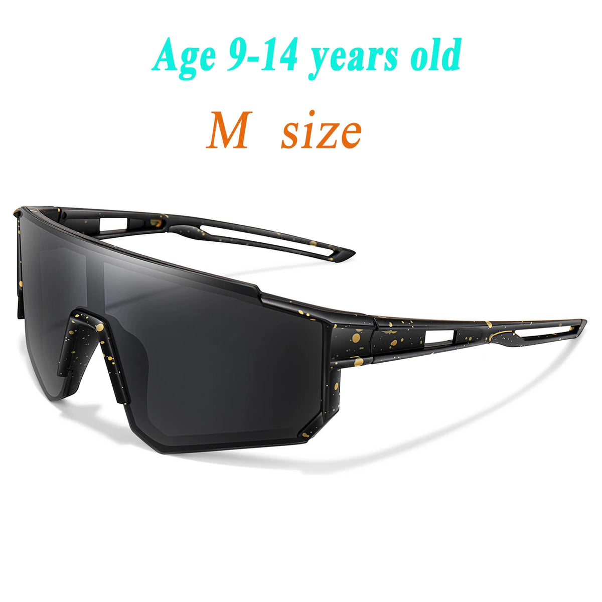 Black UV protection baseball sunglasses for kids in M size with a gold pattern.