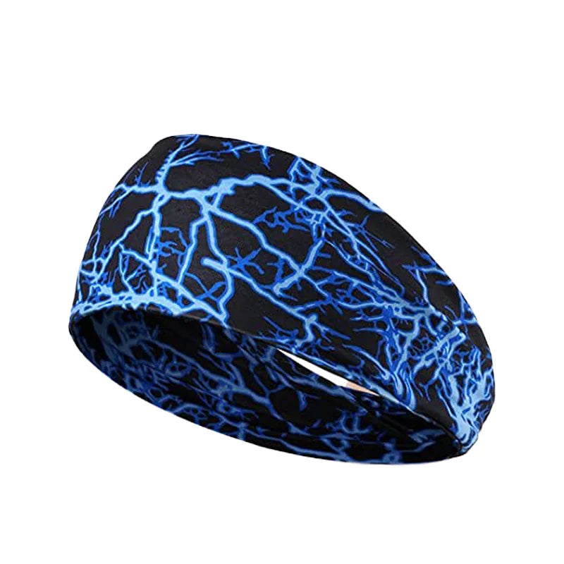 Black elastic sports headband with bright blue lightning bolt pattern