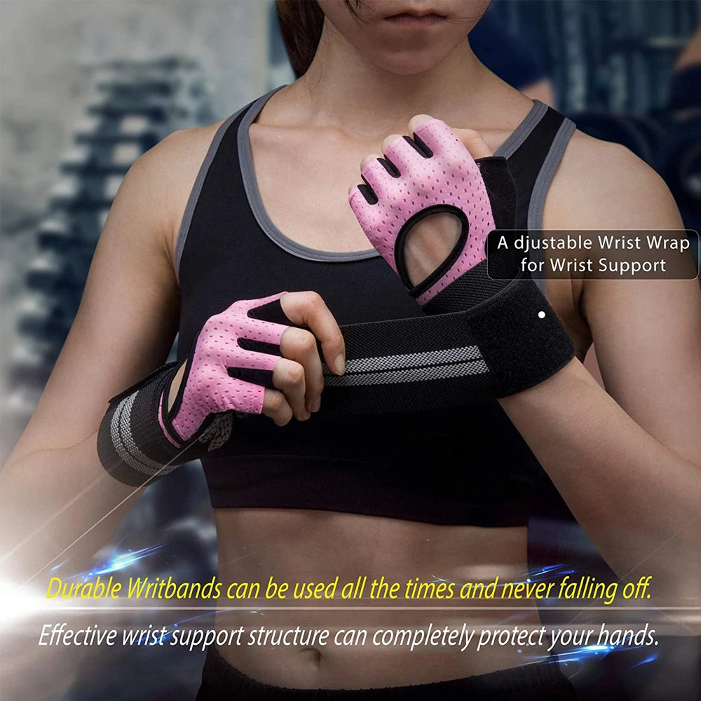 A person wearing a black sports top and pink wrist wraps for hand support.