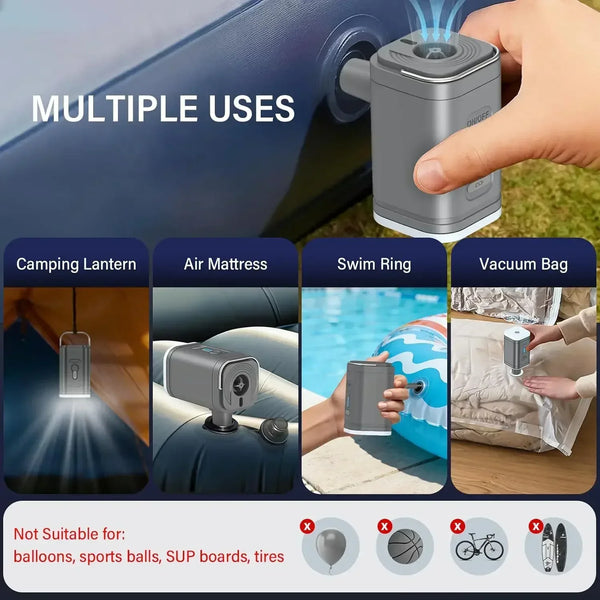 A portable electric air pump device shown in various uses including a camping lantern, air mattress inflator, and swim ring.