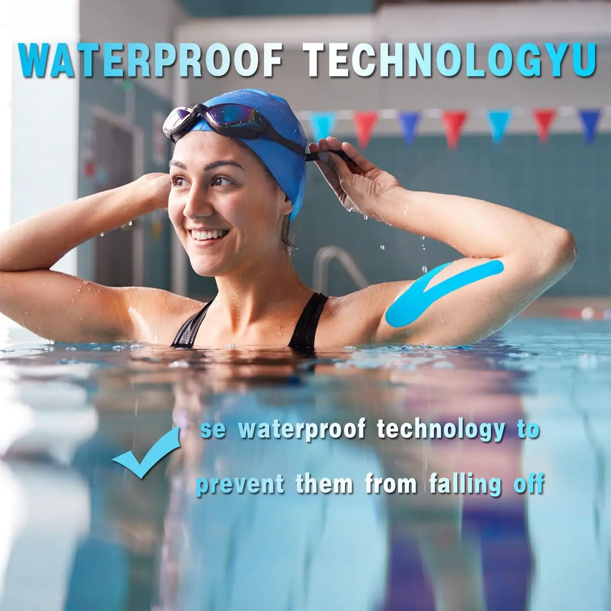 A woman wearing a blue swim cap and black swimsuit is in water, demonstrating waterproof technology.