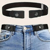 Black invisible stretch elastic belt with silver buckle shown alongside a pair of blue denim jeans.