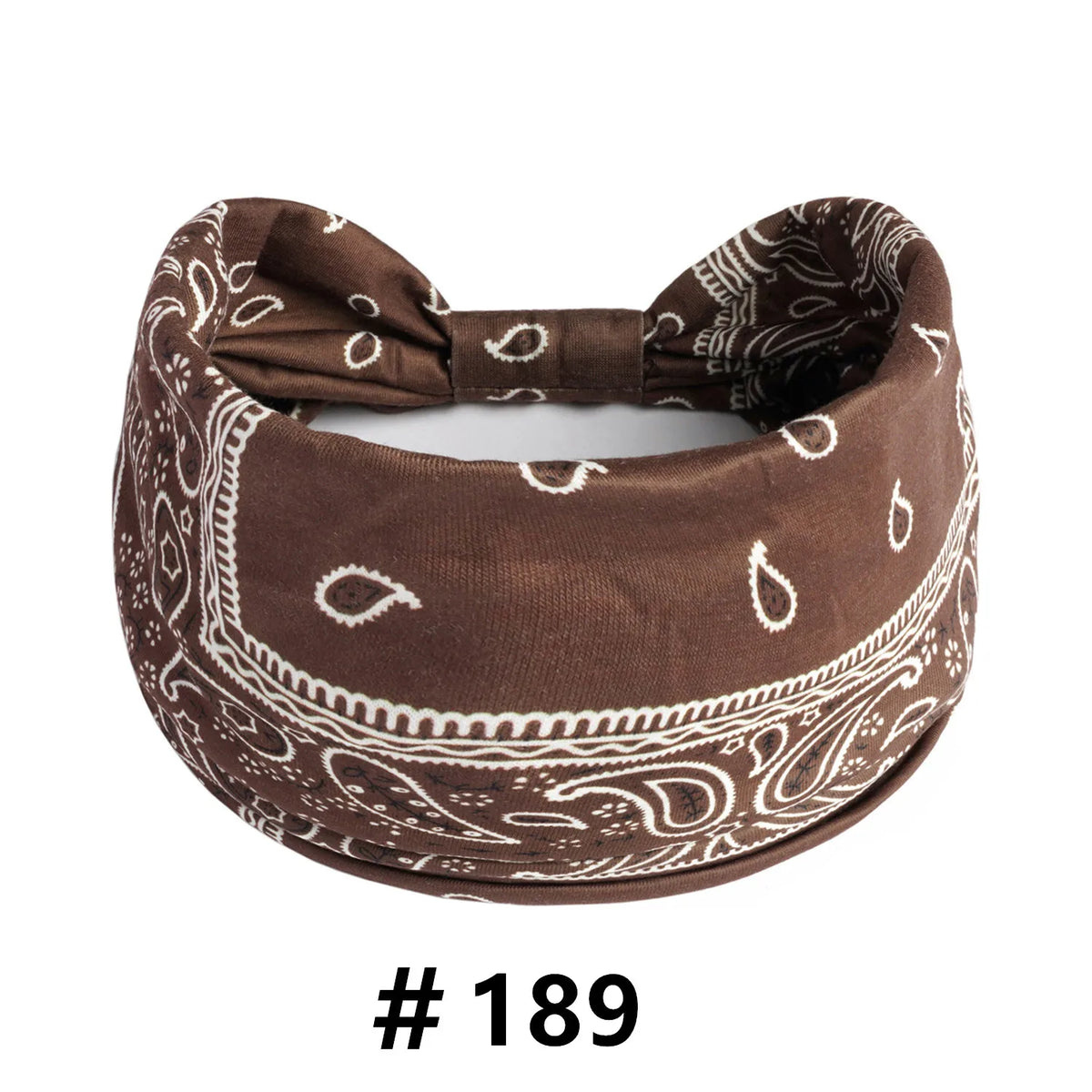 A brown boho print cotton headband tied in a bow, shown flat.
