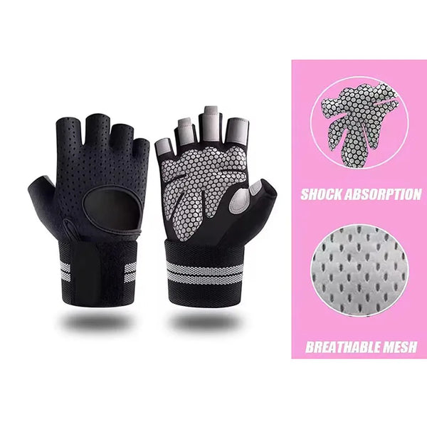 A pair of black breathable cycling gloves showing features like shock absorption and mesh design.
