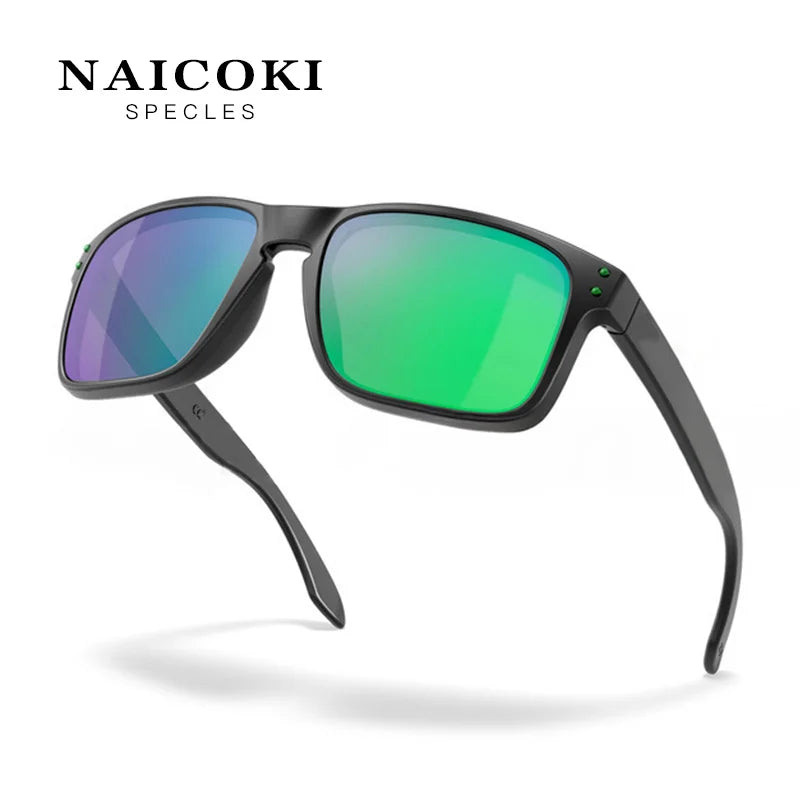 A pair of black Naicoki spectacles with green polarized lenses displayed against a white background.