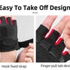 Close-up of black cycling gloves showing hook fixed strap and finger pull tab design.
