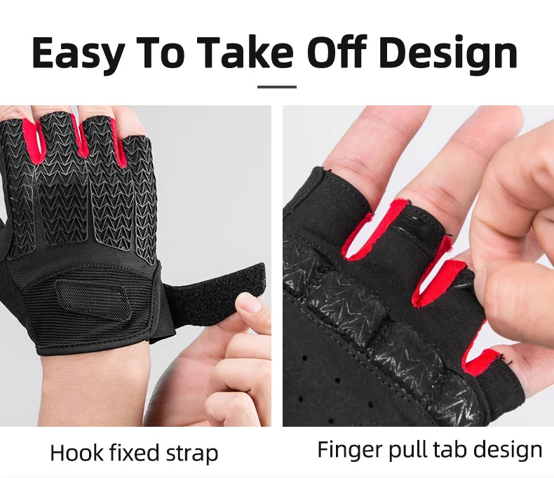 Close-up of black cycling gloves showing hook fixed strap and finger pull tab design.
