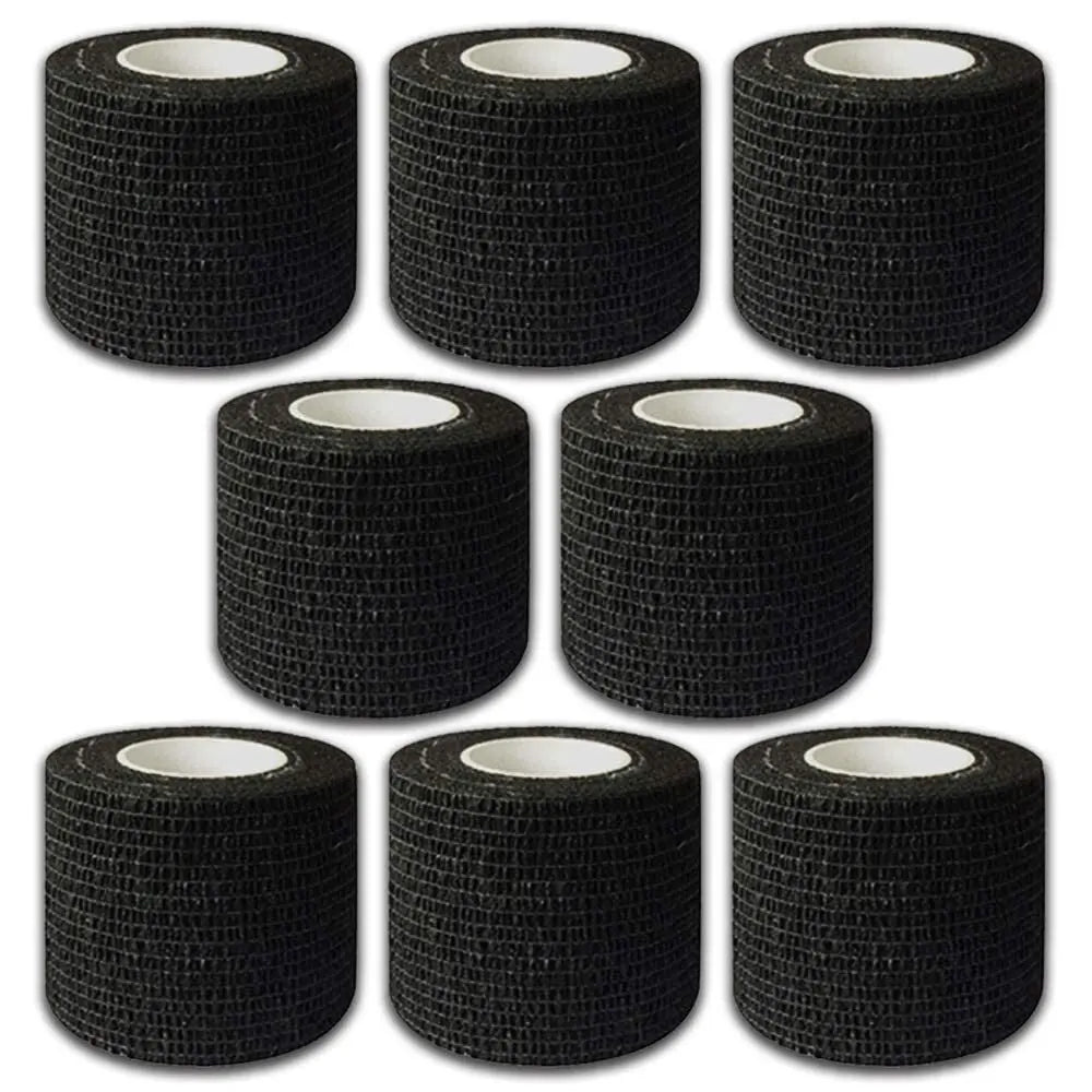 A set of black self-adhesive tattoo grip tape rolls in various sizes and thicknesses.