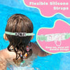 A child is wearing flexible silicone straps on their head while swimming in blue water.
