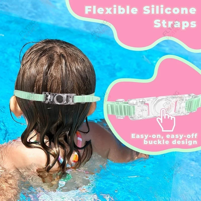 A child is wearing flexible silicone straps on their head while swimming in blue water.