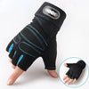Black fingerless sports gloves with wrist support shown on a hand and a separate view.