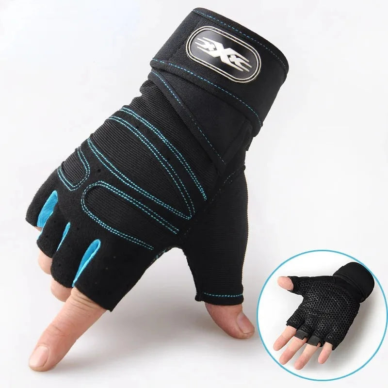 Black fingerless sports gloves with wrist support shown on a hand and a separate view.