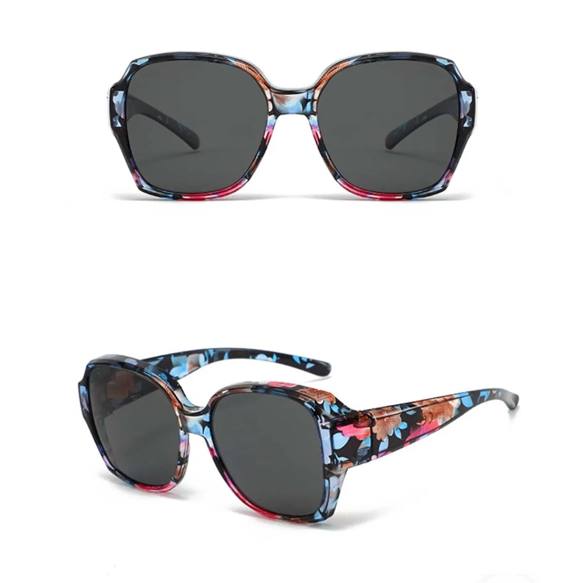 A pair of wrap-around sunglasses with a tortoiseshell and floral pattern on the frame and dark lenses.