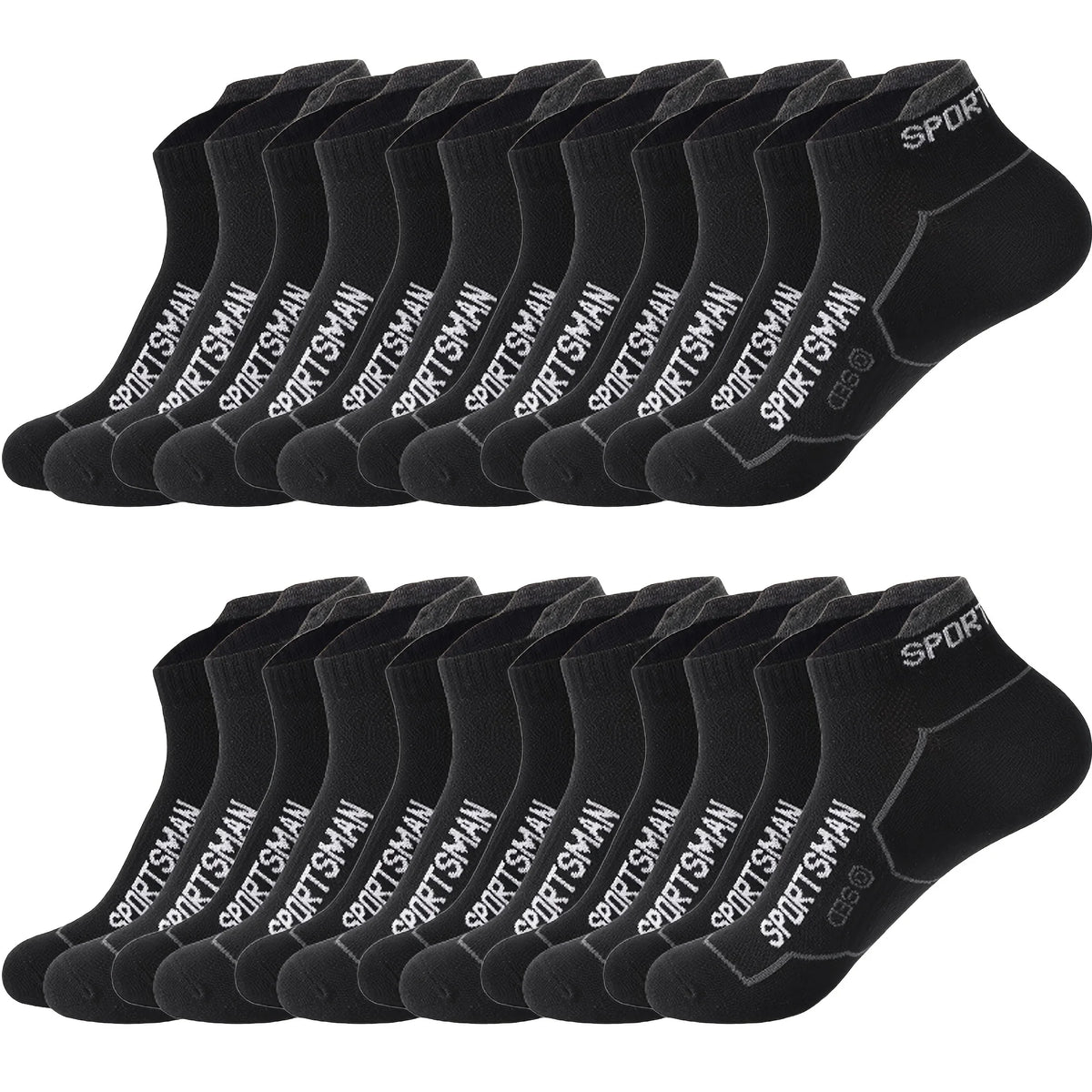 Un paquete de calcetines deportivos negros para hombre, transpirables y con la palabra SPORTMAN impreso.