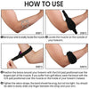 Instructions showing how to use an elbow support brace for pain relief, detailing steps for locating and positioning the musc